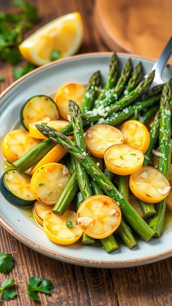 Sautéed asparagus and zucchini on a plate, garnished with Parmesan and parsley, on a wooden table with a lemon wedge.
